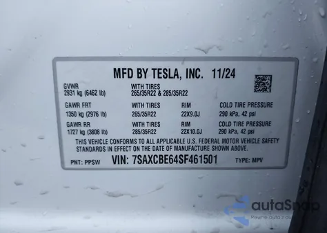 2025 Tesla Model X Plaid z USA, uszkodzony, nr VIN 7SAXCBE64SF461501